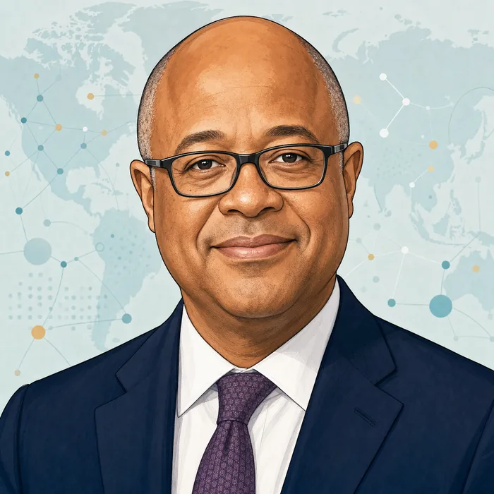 Illustrated head-and-shoulders portrait of Dr Chikwe Ihekweazu with subtle public-health emergency and disease-surveillance imagery in the background.