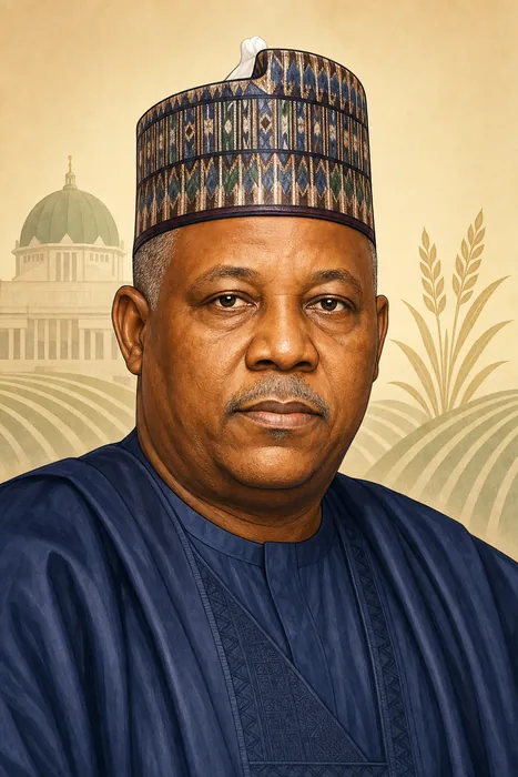 Illustrated head-and-shoulders portrait of Kashim Shettima Mustapha in formal attire, with subtle Nigerian civic and agricultural motifs in the background.