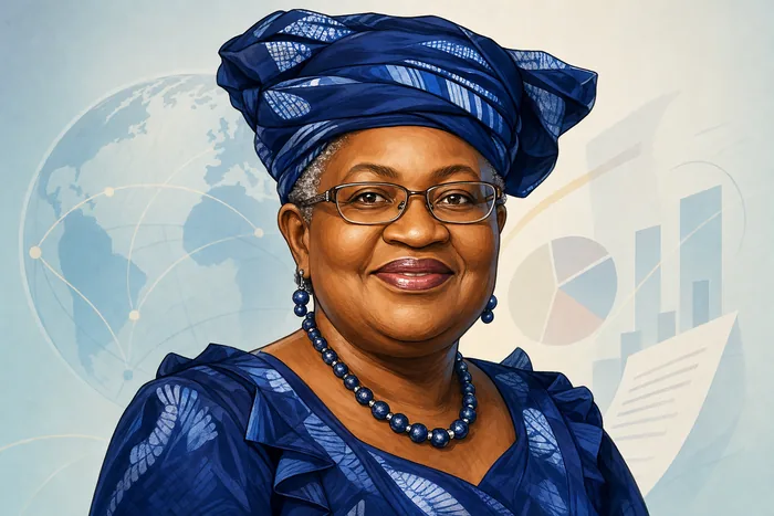 Illustrated head-and-shoulders portrait of Ngozi Okonjo-Iweala with subtle international trade and economics motifs in the background.