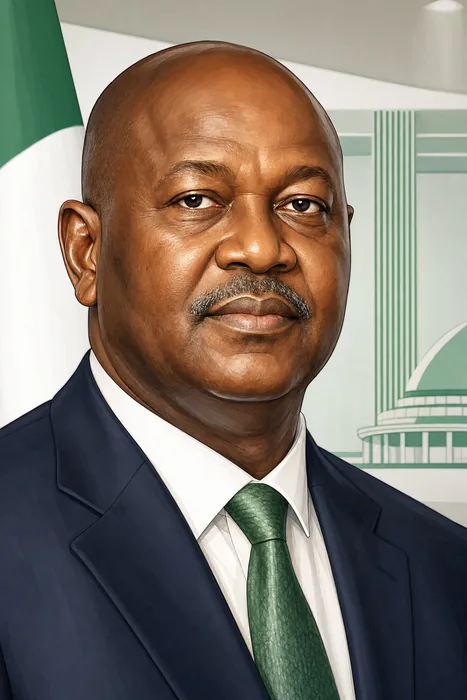 Illustrated head-and-shoulders portrait of Christopher Gwabin Musa with subtle Nigerian defence and public-service visual cues.