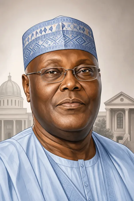 Editorial illustrated head-and-shoulders portrait of Atiku Abubakar with subtle civic and higher-education visual cues.