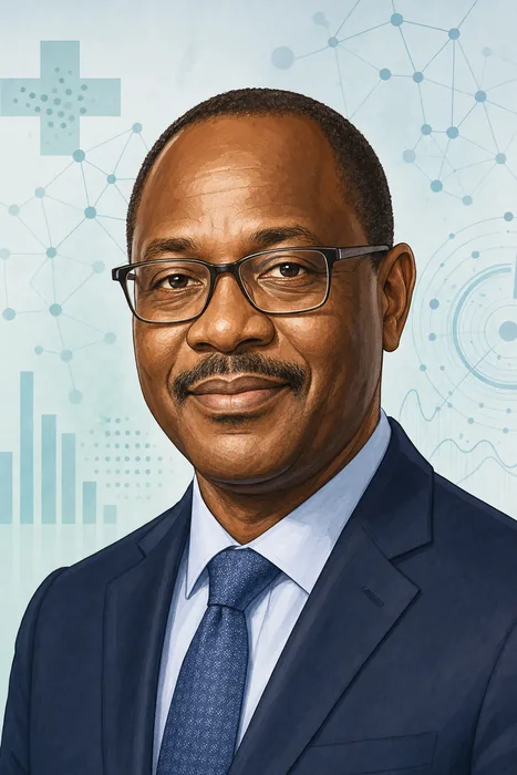 Illustrated head-and-shoulders portrait of Dr. Olajide “Jide” Idris, with subtle public-health imagery in the background.
