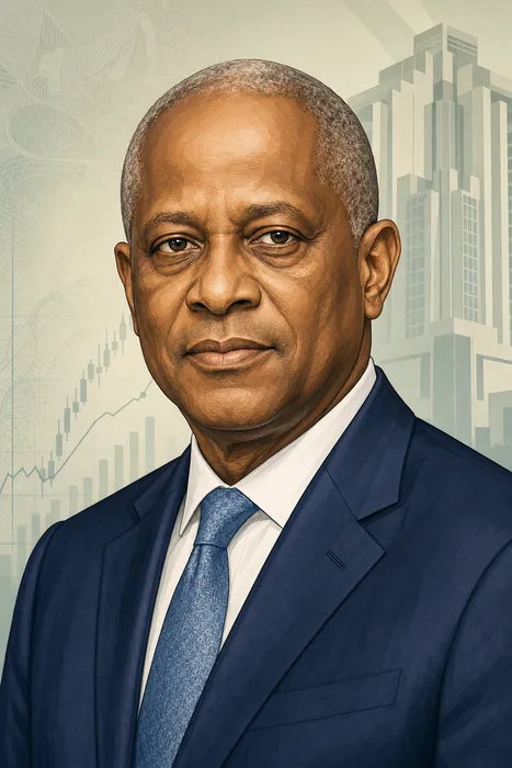 Illustrated head-and-shoulders portrait of Olayemi Michael Cardoso with subtle central-banking imagery in the background.