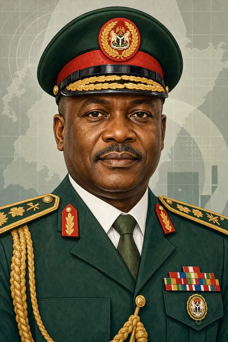 Illustrated head-and-shoulders portrait of General Olufemi Olatubosun Oluyede in Nigerian military dress uniform, with understated defence leadership cues.