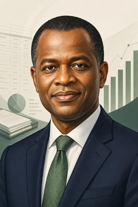 Illustrated head-and-shoulders portrait of Taiwo Oyedele with understated public-finance and tax-policy cues.