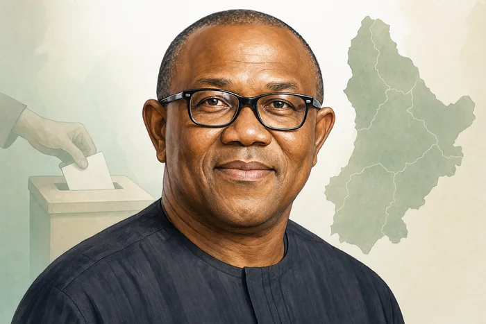 Illustrated head-and-shoulders portrait of Nigerian politician Peter Gregory Obi with subtle civic and electoral visual cues.