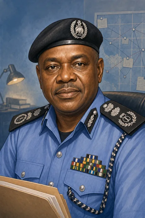Illustrated head-and-shoulders portrait of Olatunji “Tunji” Disu in a formal Nigeria Police Force-style uniform, with subtle investigative and leadership cues.