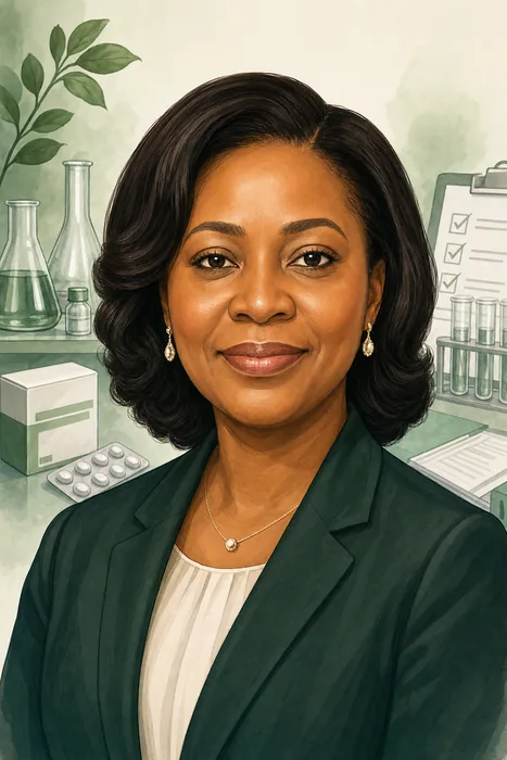 Illustrated head-and-shoulders portrait of Mojisola Adeyeye with subtle medicine-regulation and laboratory cues.