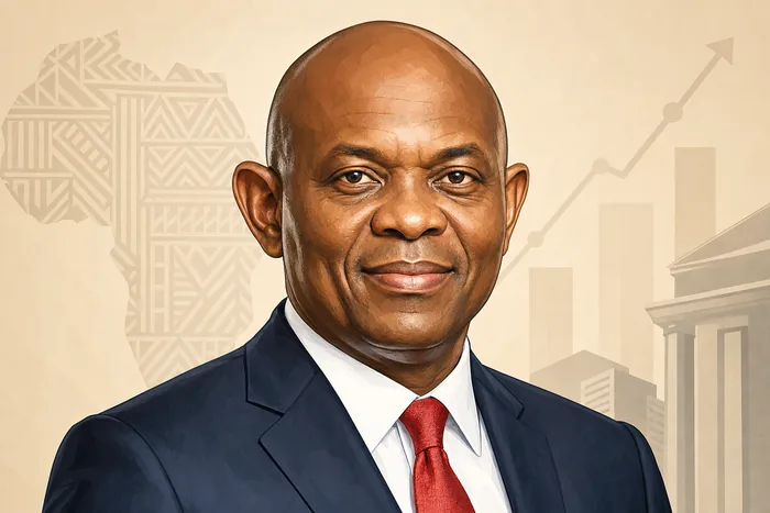 Illustrated head-and-shoulders portrait of Tony O. Elumelu with subtle business and entrepreneurship cues.
