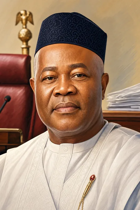 Illustrated head-and-shoulders portrait of Godswill Obot Akpabio with a subtle Nigerian Senate chamber cue in the background.