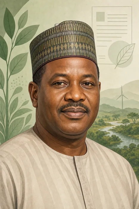 Illustrated head-and-shoulders portrait of Balarabe Abbas Lawal with understated environmental and climate-governance motifs.