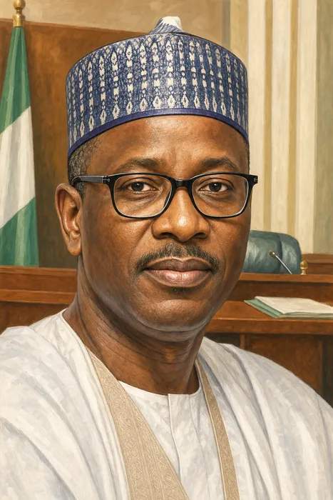 Illustrated head-and-shoulders portrait of Tajudeen Abbas with a subtle Nigerian legislative chamber cue in the background.