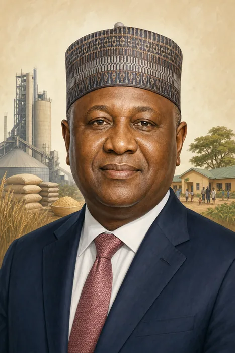 Illustrated head-and-shoulders portrait of Abdul Samad Rabiu with understated cement, food-production, and community-development visual cues.