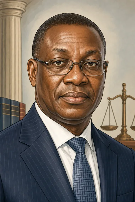 Illustrated head-and-shoulders portrait of Lateef Olasunkanmi Fagbemi with subtle legal and justice-themed background cues.