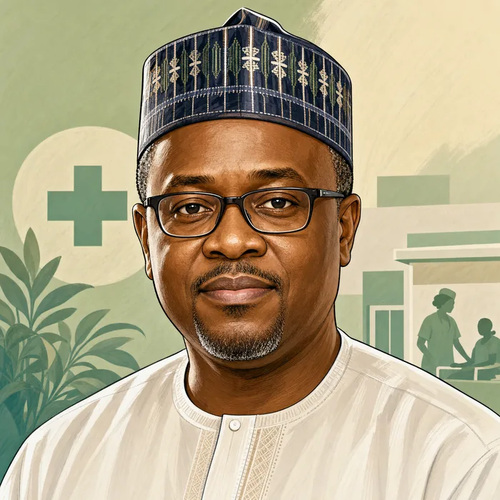 Illustrated head-and-shoulders portrait of Iziaq Adekunle Salako with understated public-health visual cues.