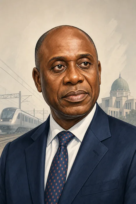 Illustrated head-and-shoulders portrait of Nigerian politician Chibuike Rotimi Amaechi with subtle transportation and civic-administration cues.