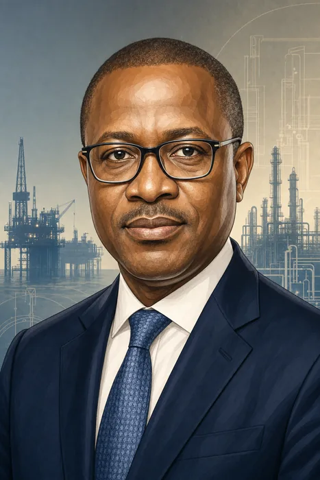 Illustrated head-and-shoulders portrait of Bashir Bayo Ojulari with subtle oil-and-gas industry imagery in the background.