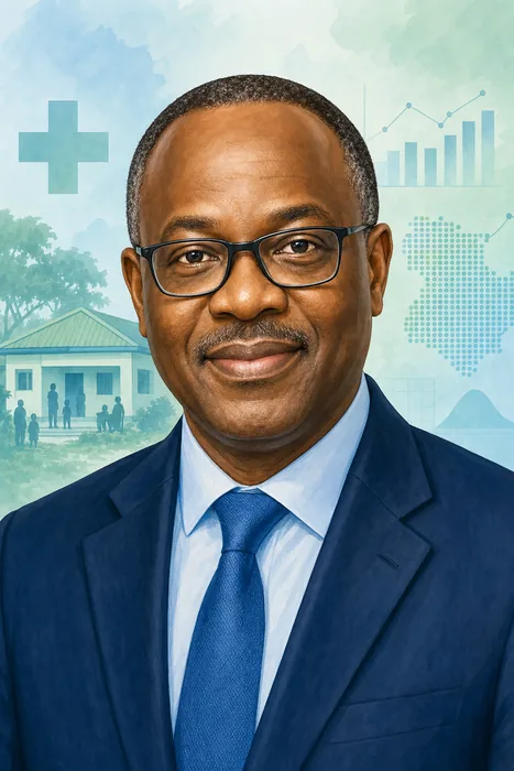Illustrated head-and-shoulders portrait of Dr. Muyi Aina with subtle primary health care and public-health research cues.