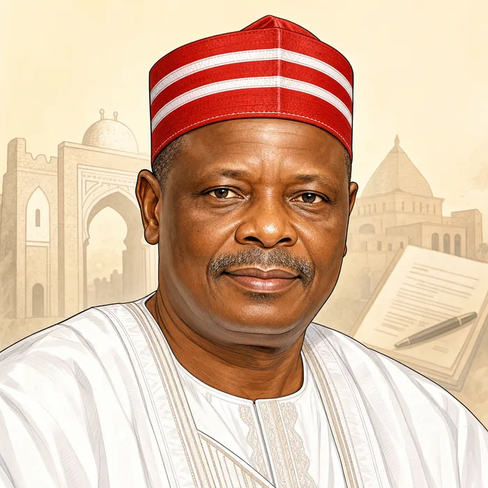 Illustrated head-and-shoulders portrait of Nigerian politician Rabiu Musa Kwankwaso against a simple civic backdrop.