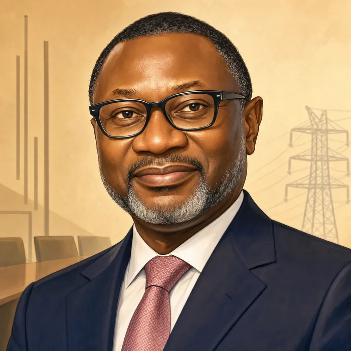 Illustrated head-and-shoulders portrait of Nigerian businessman Olufemi Peter Otedola in a formal business setting.