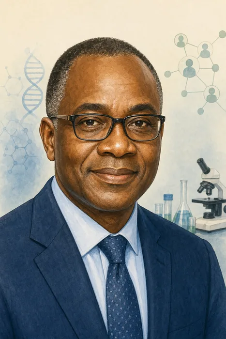 Illustrated head-and-shoulders portrait of Professor Akin Abayomi with subtle public-health and medical research cues.