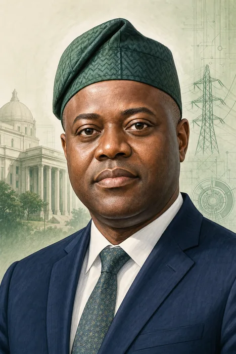 Illustrated head-and-shoulders portrait of Seyi Makinde in a formal public-service setting with subtle engineering and civic cues.