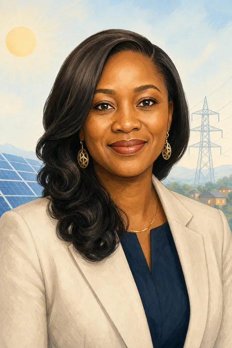 Illustrated head-and-shoulders portrait of Damilola Ogunbiyi with subtle sustainable-energy visual cues.