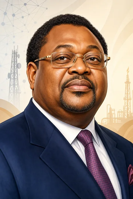 Illustrated head-and-shoulders portrait of Mike Adeniyi Adenuga Jr. with understated telecommunications and oil-and-gas motifs.