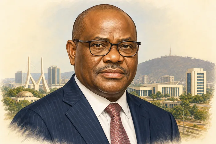 Illustrated head-and-shoulders portrait of Ezenwo Nyesom Wike with a subtle Abuja civic skyline in the background.