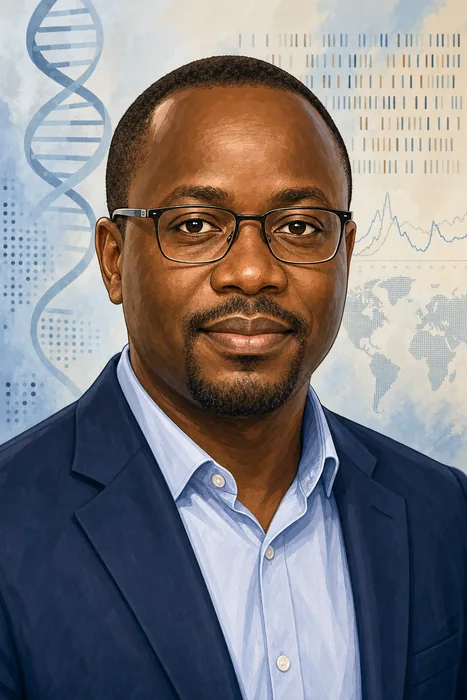 Illustrated head-and-shoulders portrait of Christian Tientcha Happi with subtle genomic sequencing motifs in the background.