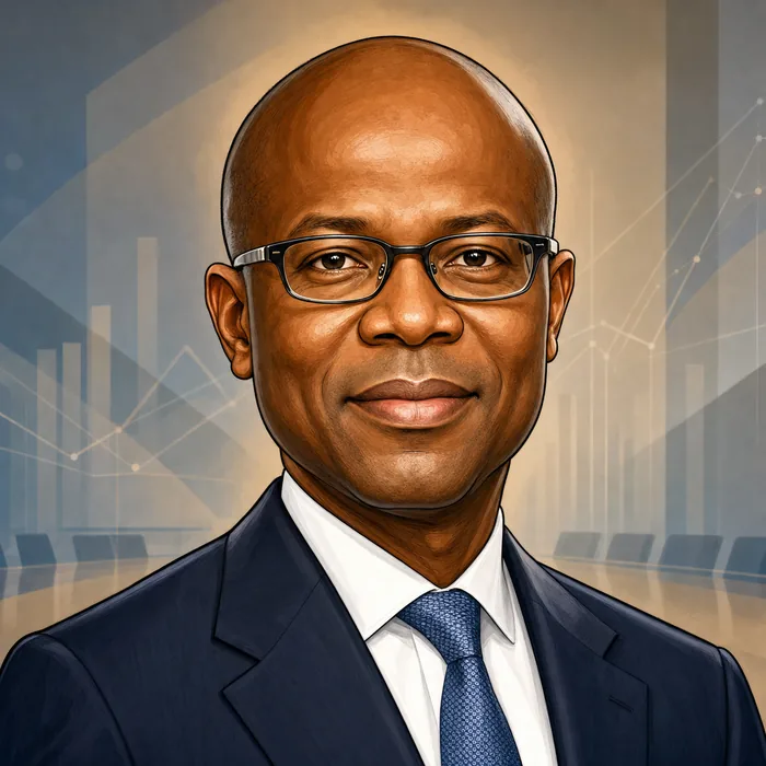Illustrated head-and-shoulders portrait of Aigboje Aig-Imoukhuede in a formal business setting with subtle financial-services cues.
