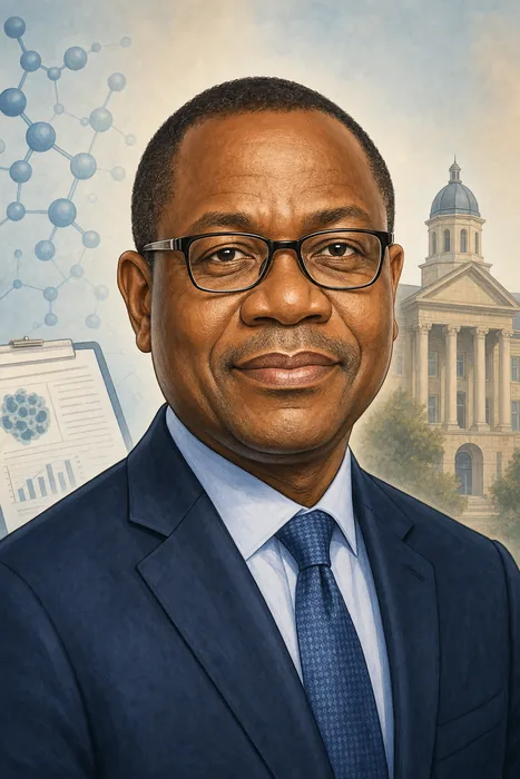 Illustrated head-and-shoulders portrait of Dimie Ogoina with understated medical and academic visual cues.