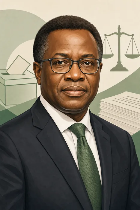 Illustrated head-and-shoulders portrait of Professor Joash Ojo Amupitan with subtle election-administration and legal cues.