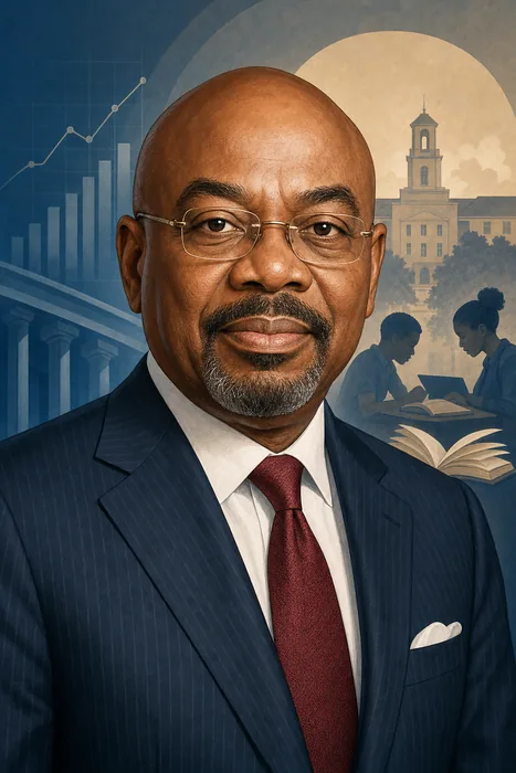 Illustrated head-and-shoulders portrait of Jim Ovia with subtle banking and education-themed background details.
