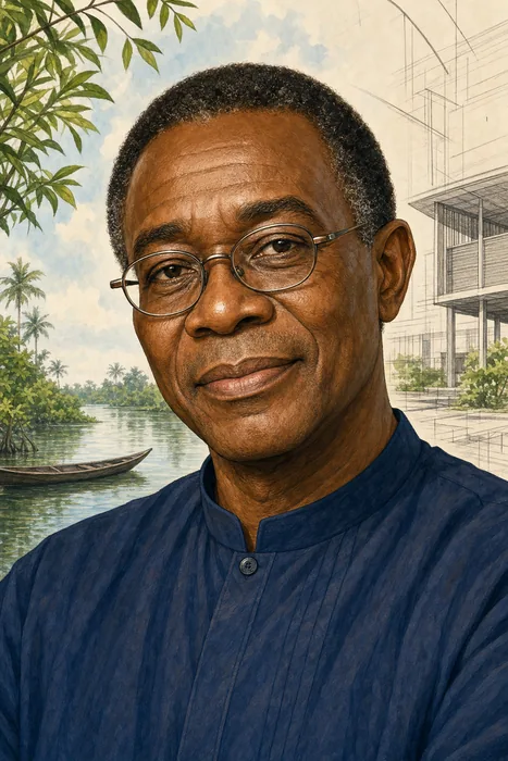 Illustrated head-and-shoulders portrait of Nnimmo Bassey with subtle environmental-justice imagery in the background.