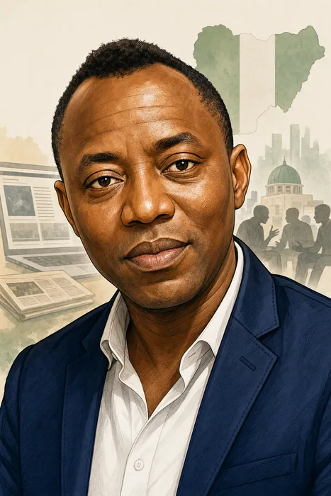 Illustrated head-and-shoulders portrait of Omoyele Sowore with subtle journalism and civic-advocacy cues.