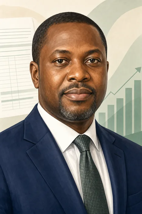 Illustrated head-and-shoulders portrait of Zacch Adedeji with subtle public-finance and tax-administration cues.