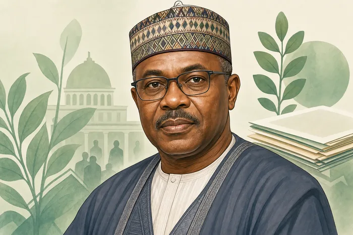 Illustrated head-and-shoulders portrait of Mohamed Buba Marwa with subtle National Drug Law Enforcement Agency-inspired administrative cues.