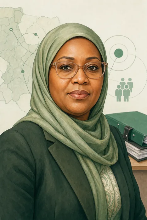Illustrated head-and-shoulders portrait of Zubaida Abubakar Umar with subtle disaster-management and public-administration visual cues.