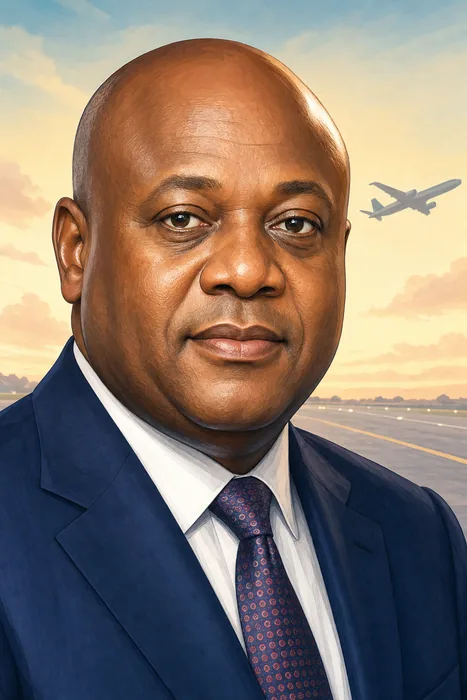 Illustrated head-and-shoulders portrait of Allen Onyema with a subtle aviation-themed background.