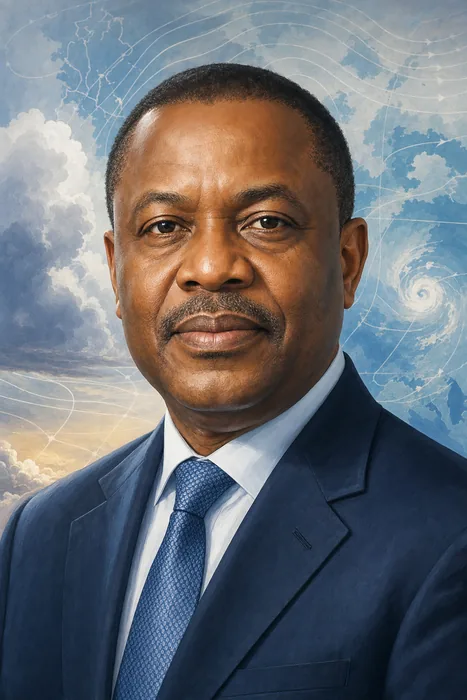 Illustrated head-and-shoulders portrait of Charles Afam Anosike with subtle weather-service imagery.