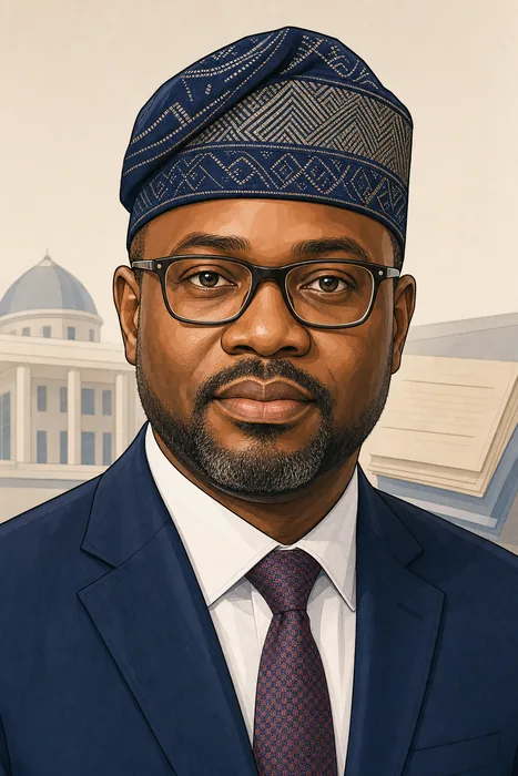 Illustrated head-and-shoulders portrait of Olubunmi Tunji-Ojo in formal attire, with understated interior-administration cues in the background.