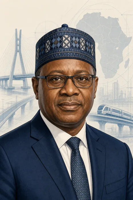 Illustrated head-and-shoulders portrait of Samaila Zubairu with subtle infrastructure-finance imagery in the background.