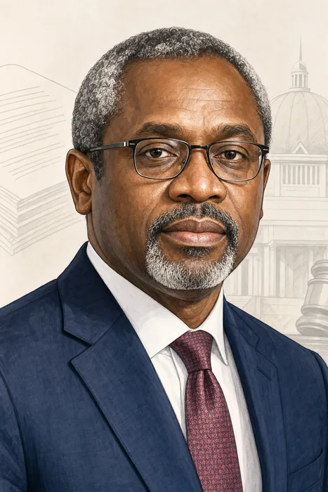 Illustrated head-and-shoulders portrait of Olufemi Hakeem Gbajabiamila in a formal editorial style, with subtle office and parliamentary cues.