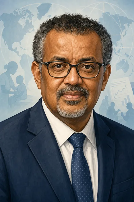 Illustrated head-and-shoulders portrait of Tedros Adhanom Ghebreyesus with subtle global public health imagery in the background.