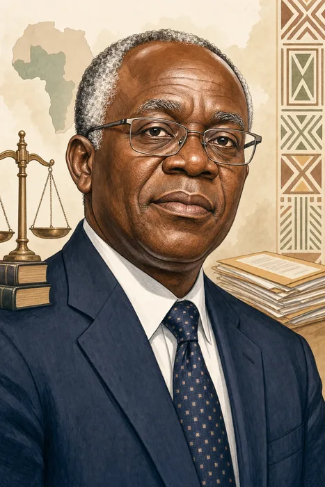 Illustrated head-and-shoulders portrait of Femi Falana in an editorial caricature style, with subtle legal and public-interest law cues.