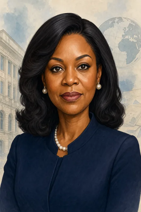 Illustrated head-and-shoulders portrait of Bianca Odumegwu-Ojukwu with subtle diplomatic visual cues.