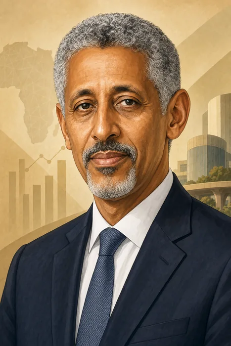 Illustrated head-and-shoulders portrait of Sidi Ould Tah in a formal business suit, with understated development-finance visual cues.