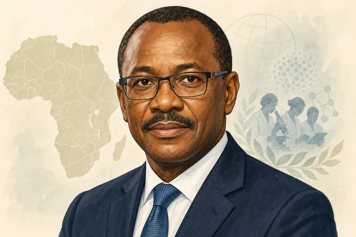 Illustrated head-and-shoulders portrait of Jean Kaseya with subtle public-health and African health-security visual cues.