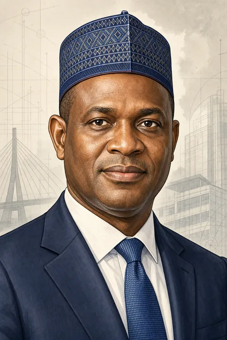 Illustrated head-and-shoulders portrait of Nentawe Goshwe Yilwatda in a formal public-affairs style, with subtle civic and engineering-inspired background details.